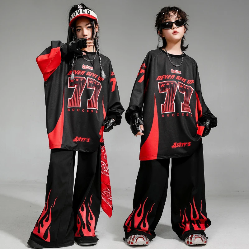 Hip Hop Kostüm Für Mädchen Jungen Schwarz Rot Flamme Show Bühne Outfits Jazz Dance Performance Tragen Party Street Dance Tragen XH2099