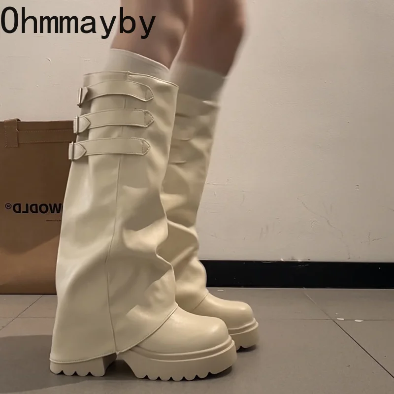 Autumn Winter Platform Woman Knee High Boots Multi Side Strap Decor Chunky Sole Shoes Punk Style Ladies Leather Long Boots
