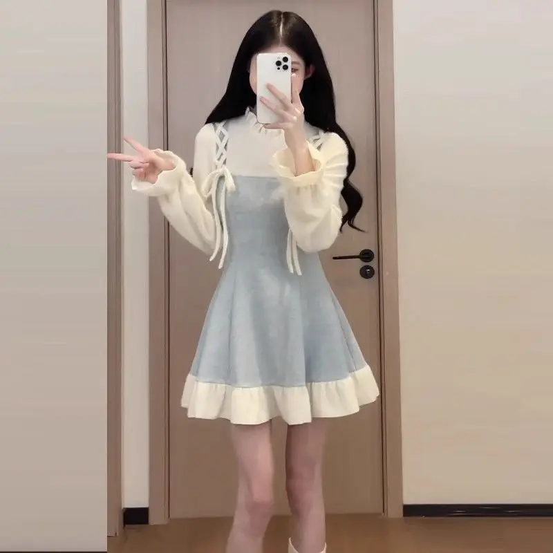 2025 New Sweet Short Dress Autumn Winter Waist Cinching Slim Niche Contrasting Color Splicing Fake Two-piece Set Dresses Women's