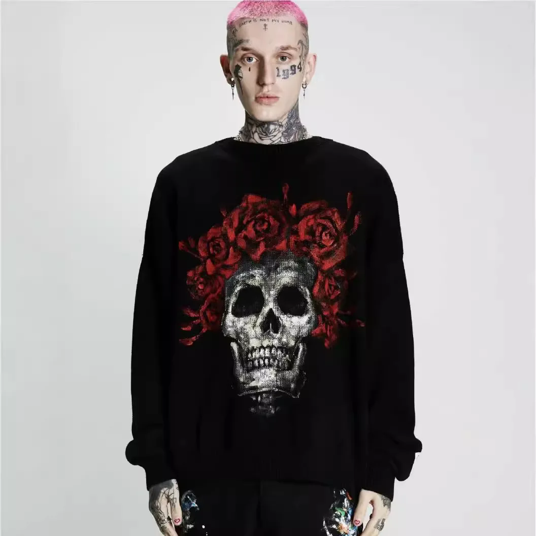 

SSSAINT LOUIS New Style American Streetwear Rose Skull Hand-painted Pullover Round-neck Sweater for Men and Women