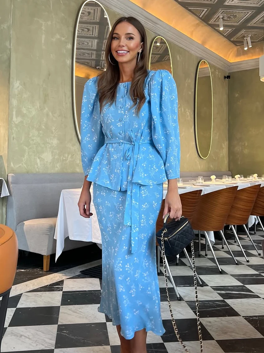 

Marthaqiqi Fashion Ladies Sleepwear Set O-Neck Pajamas Long Sleeve Nightwear Lace Up Nightie Long Skirts Printing Nightgown Suit