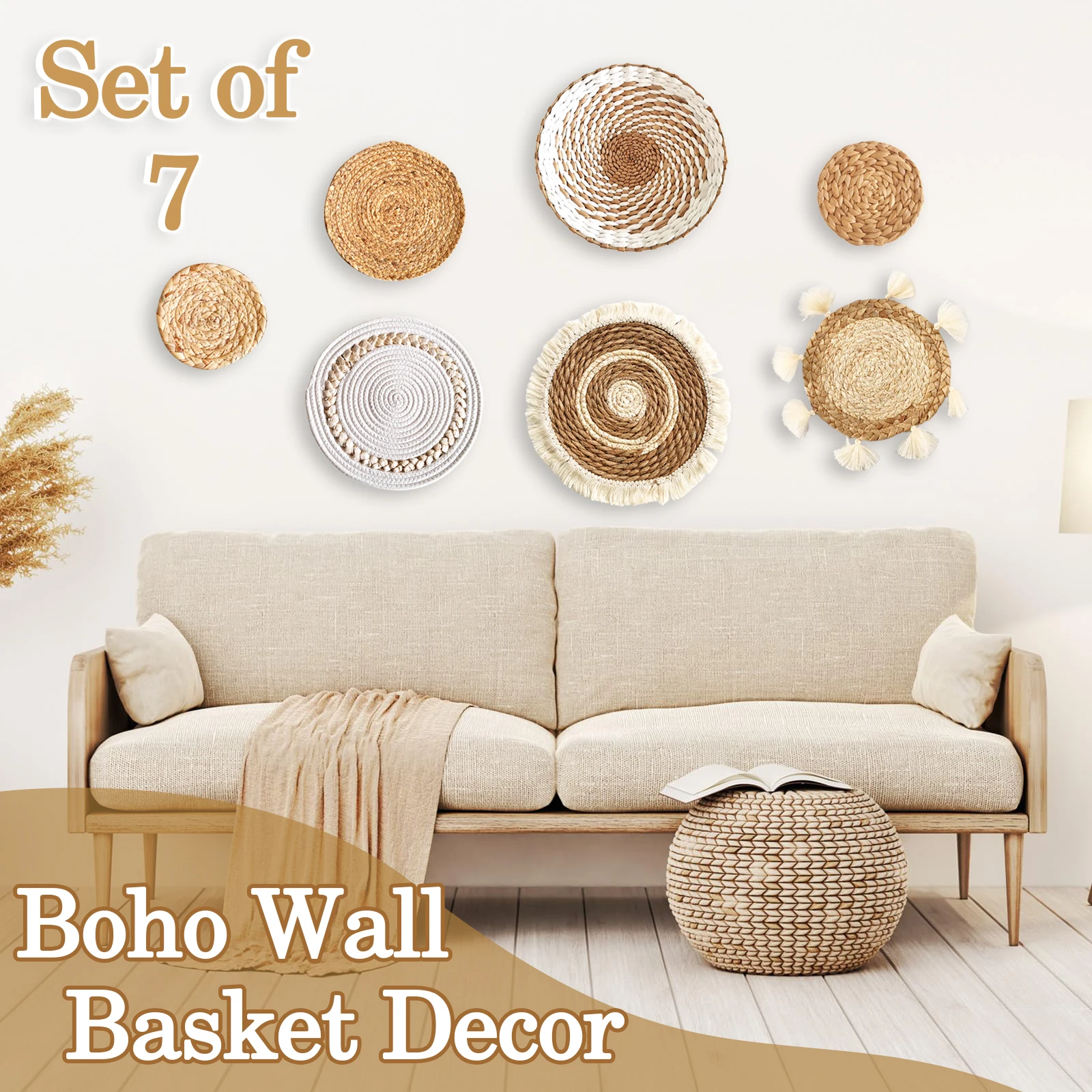 Set of 7 Boho Wall Basket Decor Woven Rattan Seagrass Wall Decoration Handmade Wicker Decor Hanging Rustic Farmhouse Wall Decor