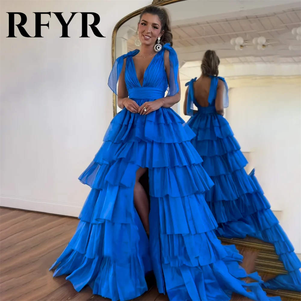 

RFYR Simple Blue Prom Dresses Tank A-Line Evening Dress V-Neck Tiered Sleeveless Party Dress with Pleat Satin Floor-length 프롬드레스