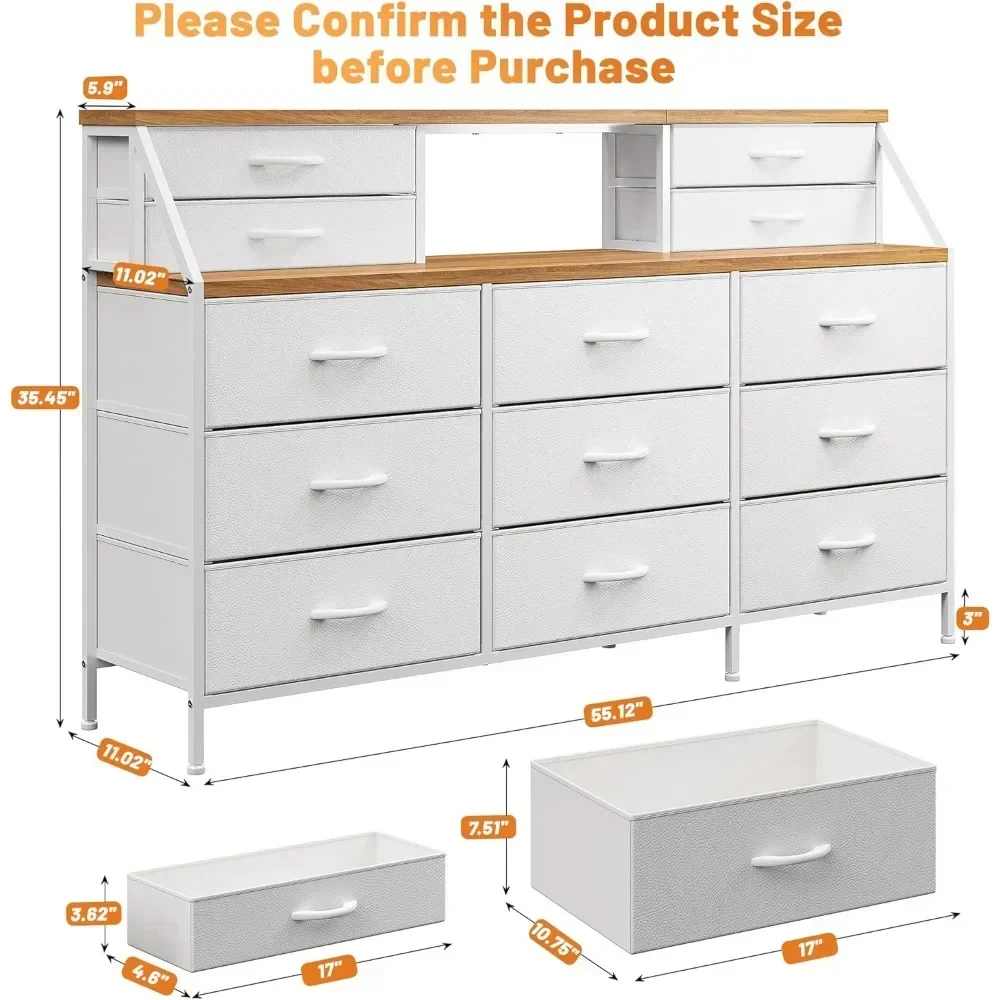 55”W White Dresser for Bedroom, Dresser with 13 Large Drawer, Long Dresser for Closet Dressers with 2 Shelves