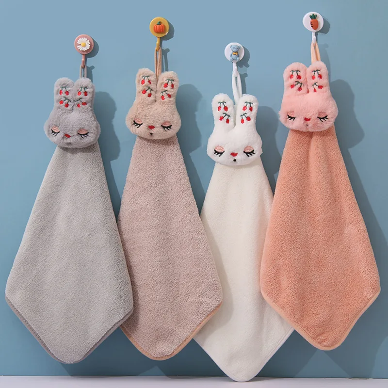 Cartoon Rabbit Hand Towel Handkerchief Coral Velvet Hang To Quick Dry Design Kitchen Bathroom Water-absorbent Cleaning Towels