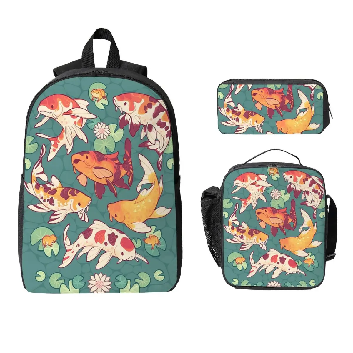 

Koi Pond Backpack Student Boys Girls BookBag School Bag Laptop Shoulder Bags 3ps Insulated Lunch Bag Pencil Case