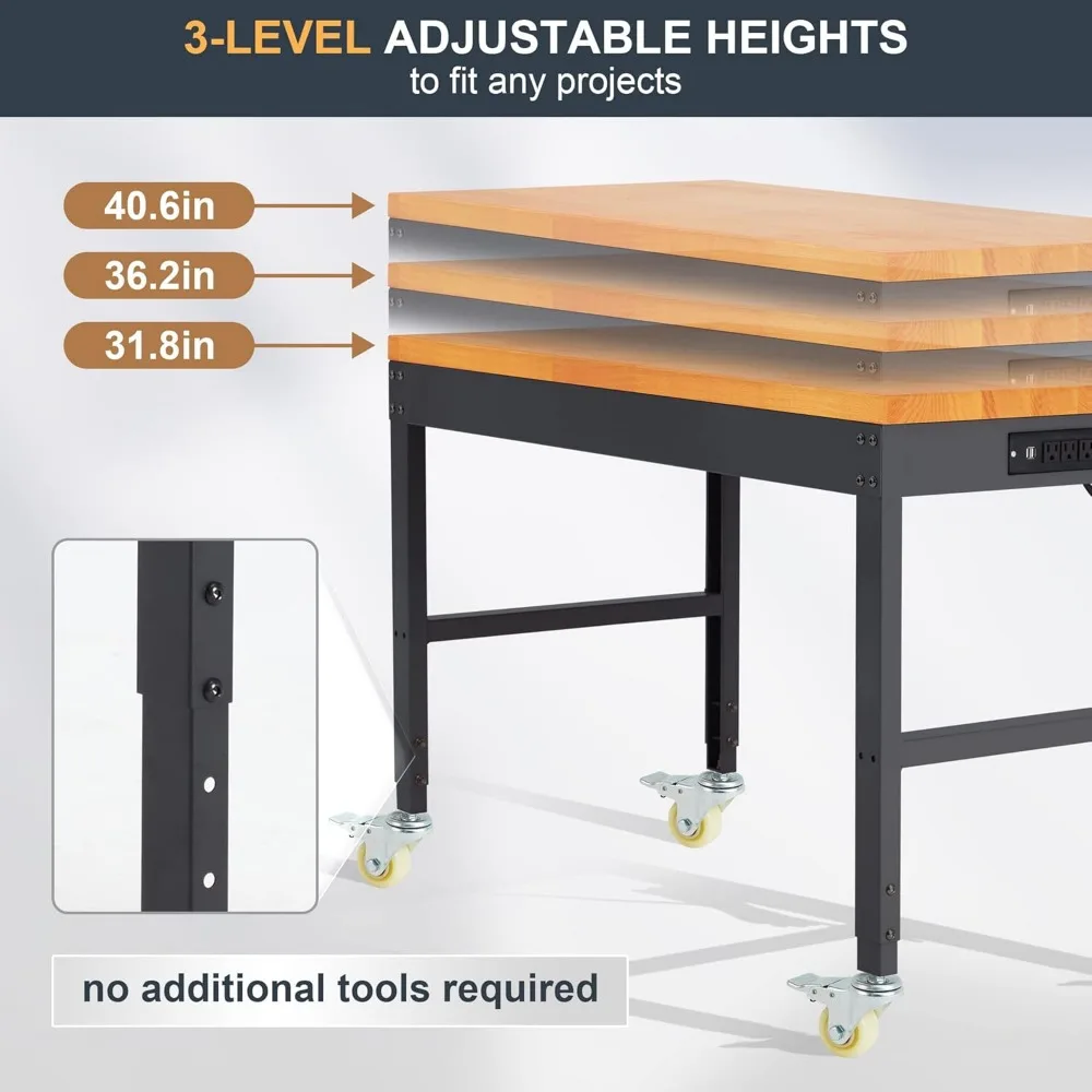 Workbench with Wheels 48" x 24" 2000 Lbs Capacity Wood Work Station Heavy-Duty Rolling Work Benches