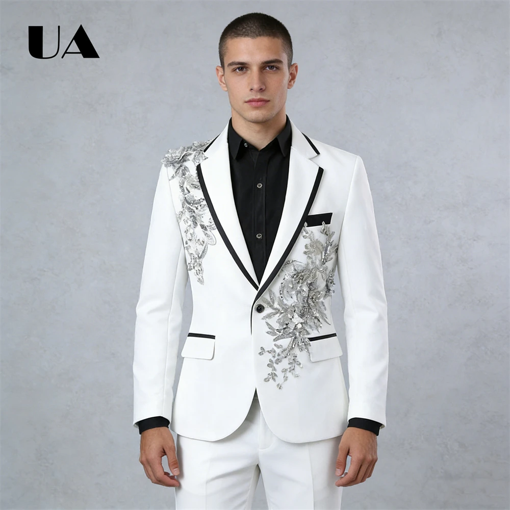 

Beaded Floral Appliques Suit Set for Men, S-3XL One Button Suit Blazer Pants Set for Men, Singer Pageant Suit Attire Luxury Suit