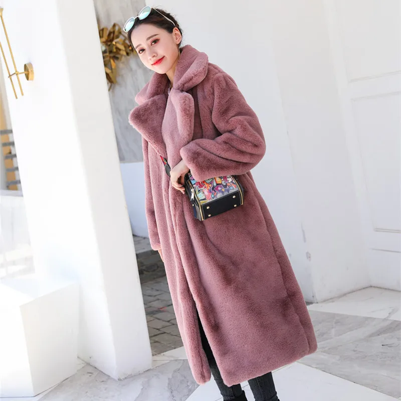 Winter Thick Warm Long Suit Collar Rabbit Fur Coat Women Fashion 6 Color Overcoat Casual Loose Korean Faux Fur Jacket Female