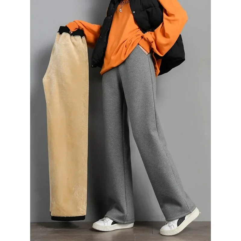 Women Warm Winter Plush Thick Pants Lambskin Cashmere Trousers High Waist Cotton Fleece Loose Female Wide Leg Pants PELEDRESS