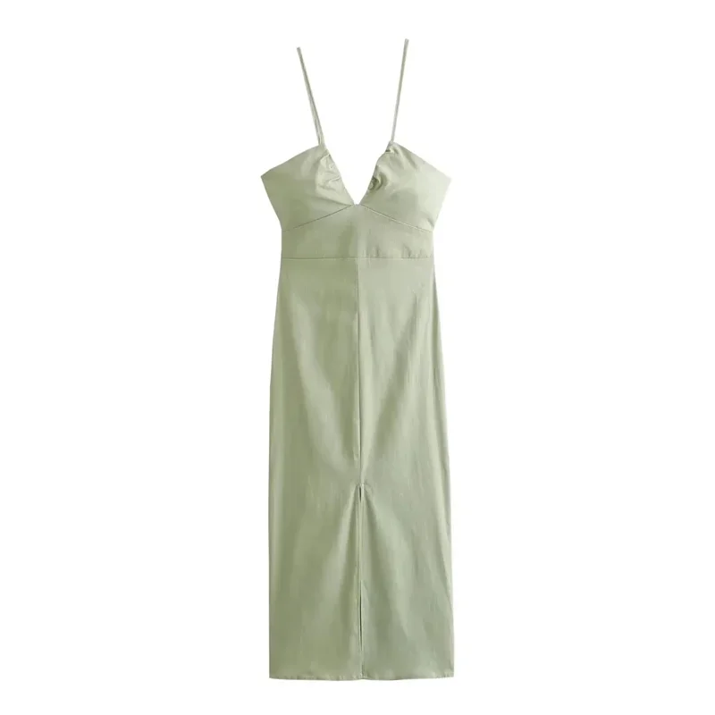 BWQ 2024 vestido Midi verde para mujer, vestido sin mangas con espalda descubierta, vestidos largos sexis de verano para mujer, vestidos de fiesta de noche con abertura