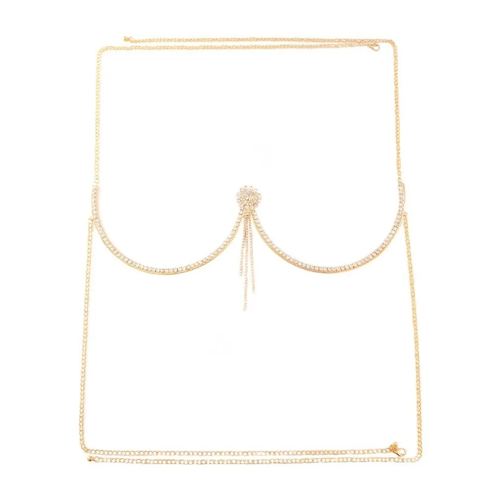 Luxury Heart Chest Support Body Chain Flower Tassel Bra Chest Chain Rhinestone Jewelry Breast Chain Low-cut Dress