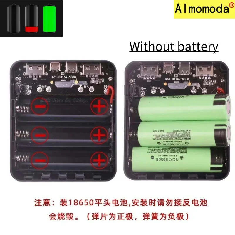 2024 3-Section 18650 Flat Head Battery Solderless Power Bank DIY Kit Mobile Power Battery Box Solderless Cover Material 10000mAh