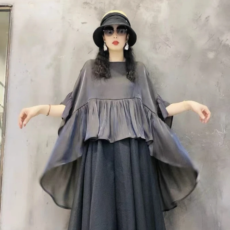 

Summer 2025 Short-sleeved Chiffon Women's Ruffled T-shirt Loose Large Size Medium and Long Coat Slim and Light Pullover Shirt