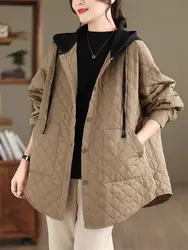 Fashion Diamond Grid Hooded Lightweight Down Cotton Coat For Women Autumn Winte Large Size Loose Versatile Quilted Jacket K2181