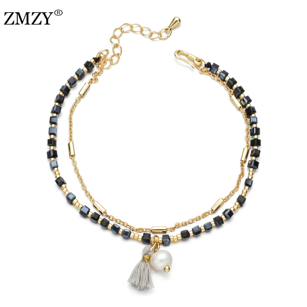 ZMZY Fashion Jewelry Black Crystal Glass Beaded Bracelet Braided Stacked Bracelets for Women Chain Tassel