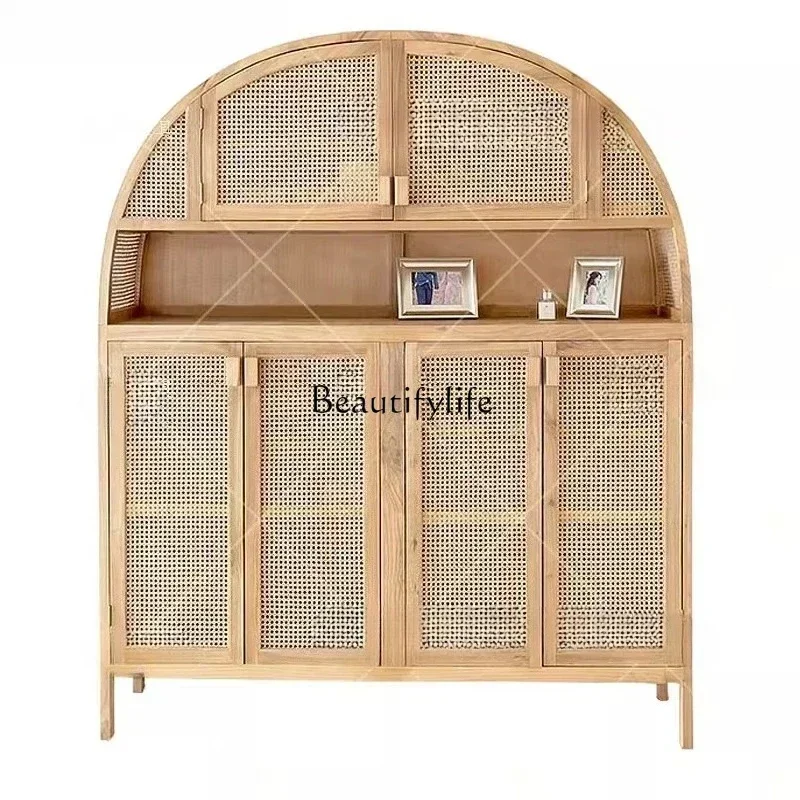 

LJYNordic rattan living room dining side cabinet, creative semi-round solid wood rattan surface locker