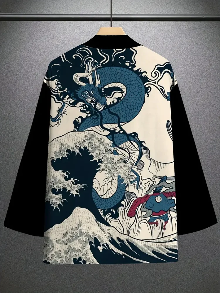 แฟชั่นผู้ชาย ชุดกิโมโนฤดูร้อนสไตล์ญี่ปุ่น ลายมังกร พิมพ์ลาย 3 มิติ เสื้อคลุมกิโมโนแบบดั้งเดิม สไตล์สตรีทเทรนด์ แขนสั้นสำหรับผู้ชาย