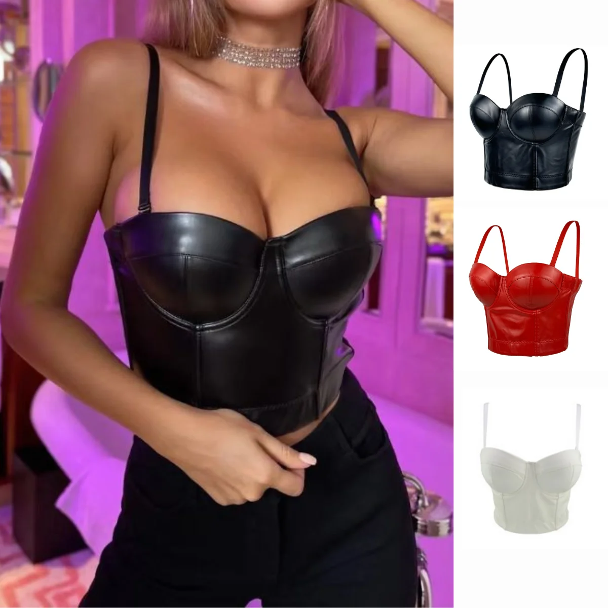 

PU Leather Corset Push Up Bra Women Bustier Crop Top Lingerie Summer Sexy Top Festival Clothing Tops Bralette Punk Goth Clubwear