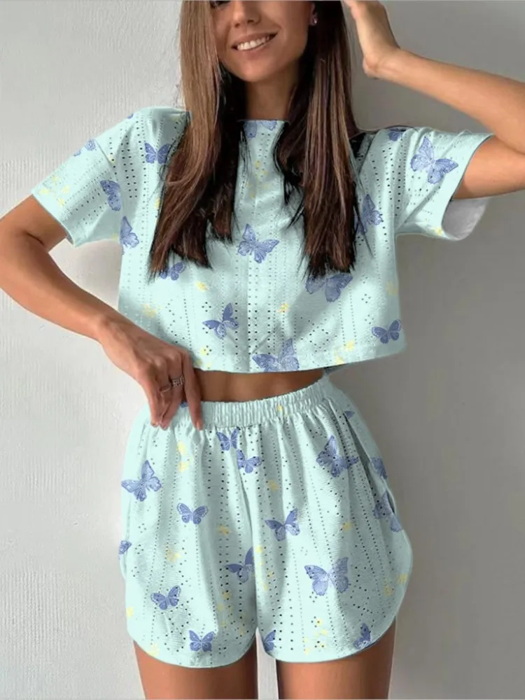 

2025 Summer New Women's Pajamas Fashionable And Comfortable Shorts Shorts Pajamas Various Printe White Background Round Neck Set