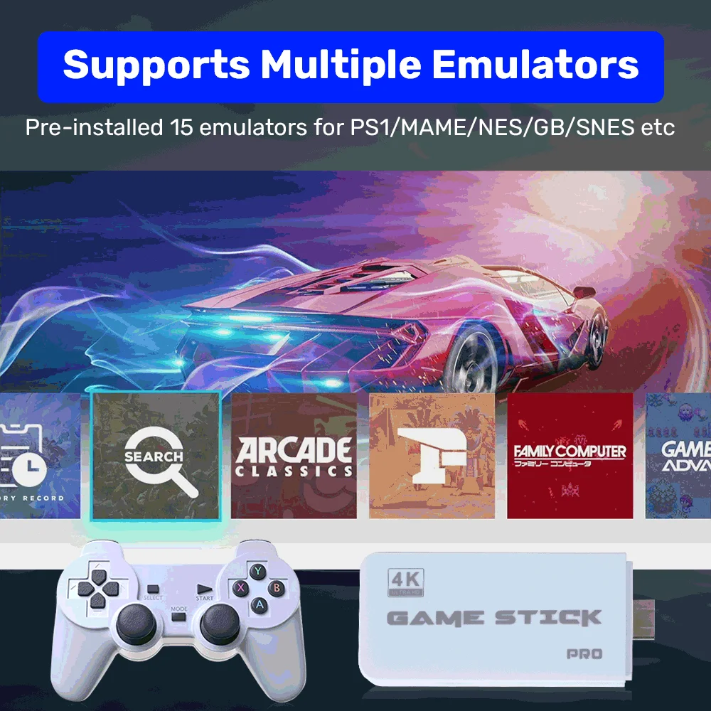 عصا ألعاب الفيديو مع وحدات تحكم لاسلكية ، 64G ، إخراج UHD 4K ، + ألعاب الرجعية لـ PS1 ، MAME ، SNES