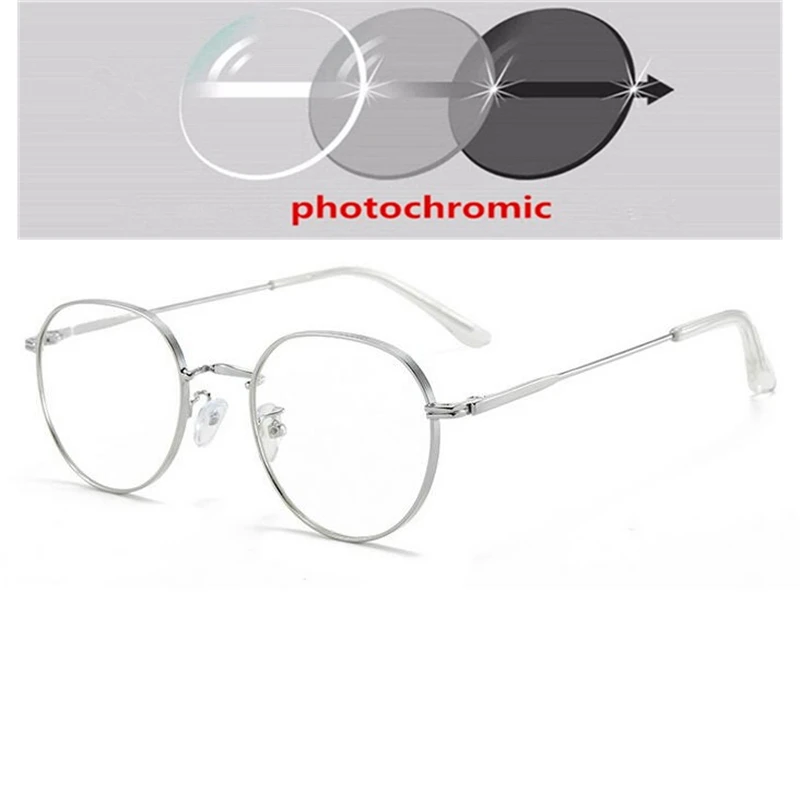 Metal Anti Blue Light Polygon Myopia Glasses Finished Women Men Photochromic Gray Prescription Eyeglasses 0 -50 -75 -100 To -400