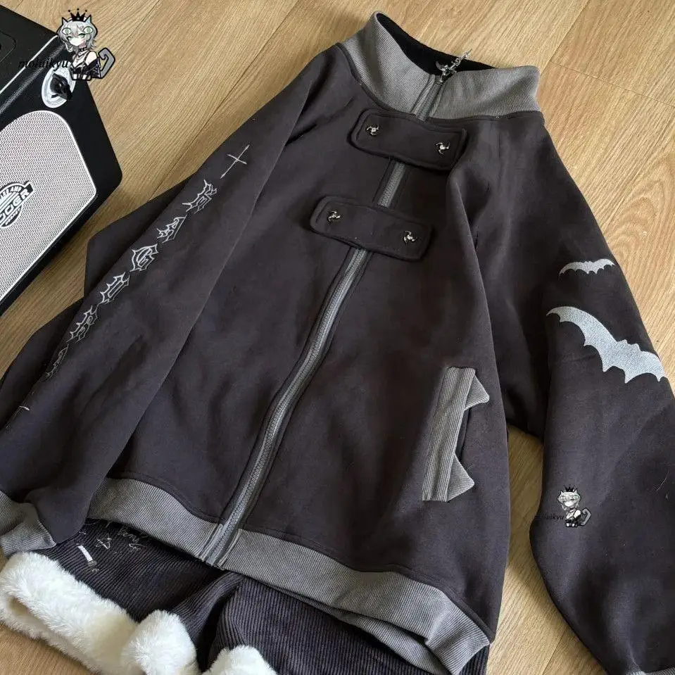 Y2K Gothic Zip Up Hoodie Women Bat Contrast Color Stand Collar Sweatshirt Dark Alt Streetwear Oversized Punk Aesthetic Jacket view 2