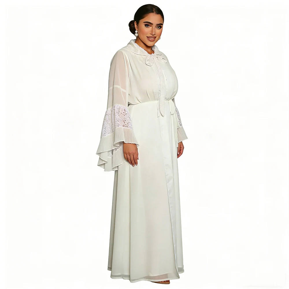 

Muslim White Evening Dresses for Elegant Women Lace Flare Sleeve Party Gown Dubai Abaya Turkey Kaftan Evening Jalabiya Vestidos