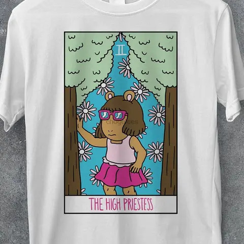DW fence sunglasses meme The High Priestess tarot t-shirt vintage Arthur cartoon funny mystical 100% cotton tee