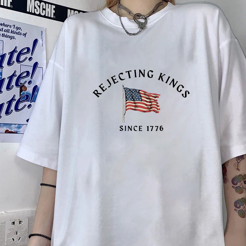 Retro Rejecting Kings Since 1776 American Flag T Shirt Patriotic USA Oversized Unisex Summer Short Sleeve Men Women Neutral Tees