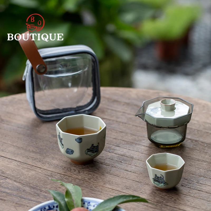 

Grass Ash Lucky Tiger Glass Travel Tea Set Octagonal Shape Outdoor Portable Ceramic Quick Cup One Pot Two Cup Kung Fu Tea Set