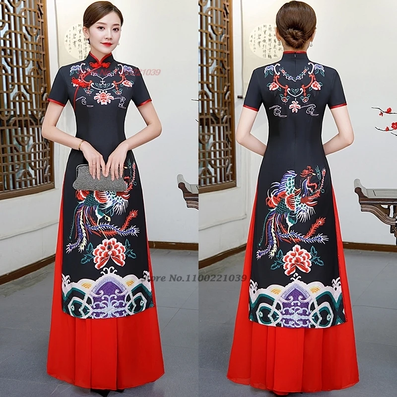 Robe chinoise qipao améliorée, vintage, imprimé phénix, vietnam ao dai, robe de soirée élégante, robe de banquet orientale, 2025