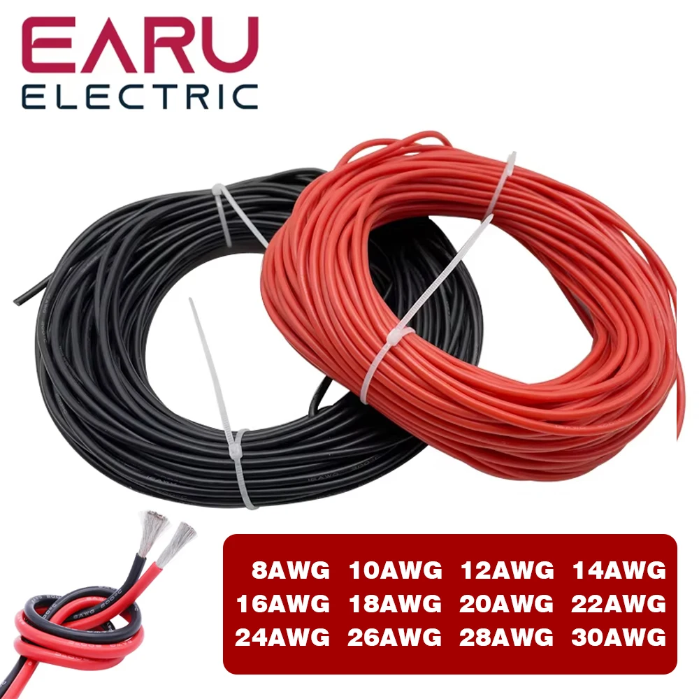 10Meters/Lot Heat-resistant Soft Electrical Silicone Wire Cable 8 10 12 14 16 18 20 22 24 26 28 30 AWG 5M Red and 5M Black Color