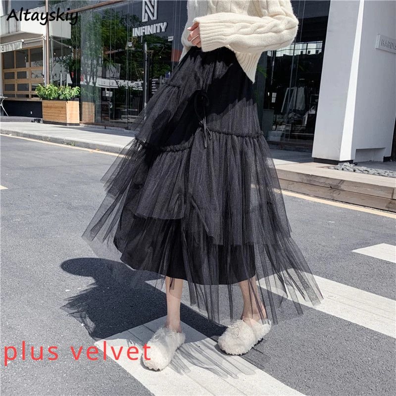 

Women Mesh Skirts Plus Velvet Fairy Sweet Midi All-match Gentle Bow High Waist Princess Ulzzang Y2k Harajuku Young Lady Chic