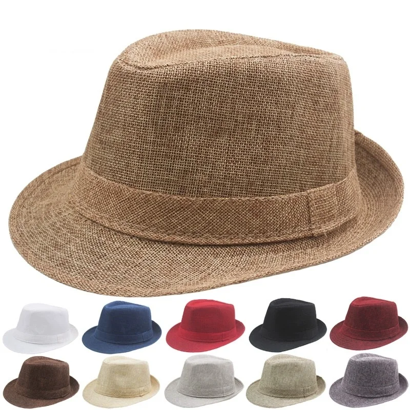 Leinen-Jazzhut mit gerollter Krempe, Sommer-Sonnenhut im britischen Retro-Stil, kleiner Zylinder, Outdoor-Sonnenhut