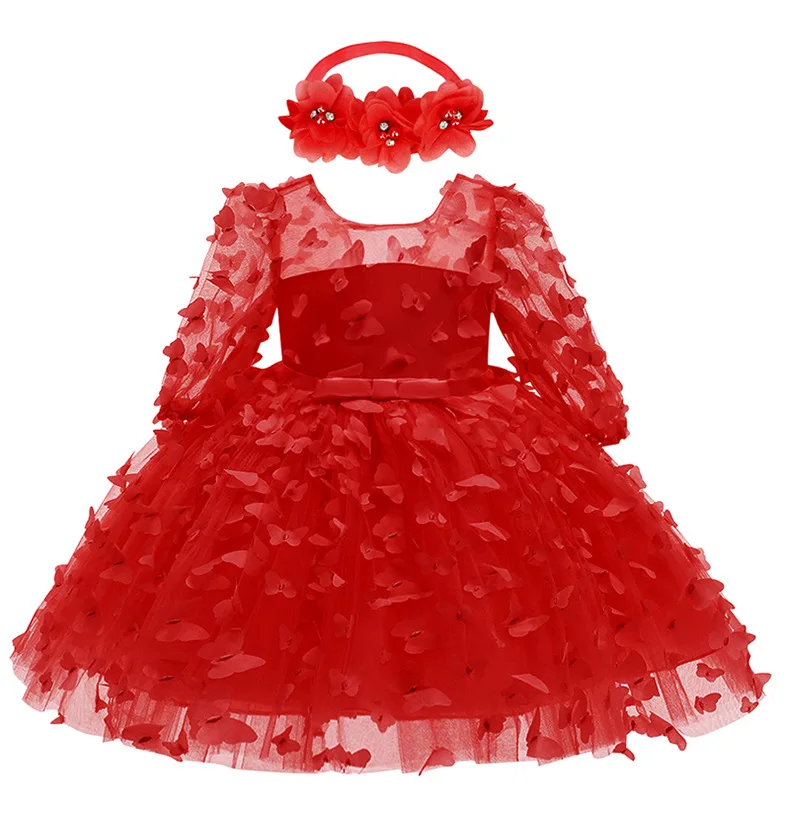 

Elegant Baby Girls Flowers Bow Dress With Headband For Toddler Kids Baptism Birthday Party First Communion Gown Christmas Gift