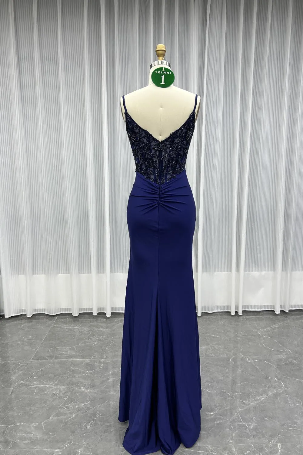 YQLNNE 01 Sexy marine fente longue robe de bal Spaghetti brodé perles sirène robe de soirée