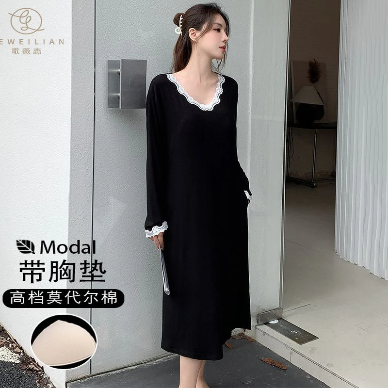 

2026 весеннее модальное сексуальное кружевное нижнее белье с v-образным вырезом и длинными рукавами, ночные рубашки для женщин, корейская одежда для сна, ночное платье, ночная рубашка, домашняя ночная рубашка