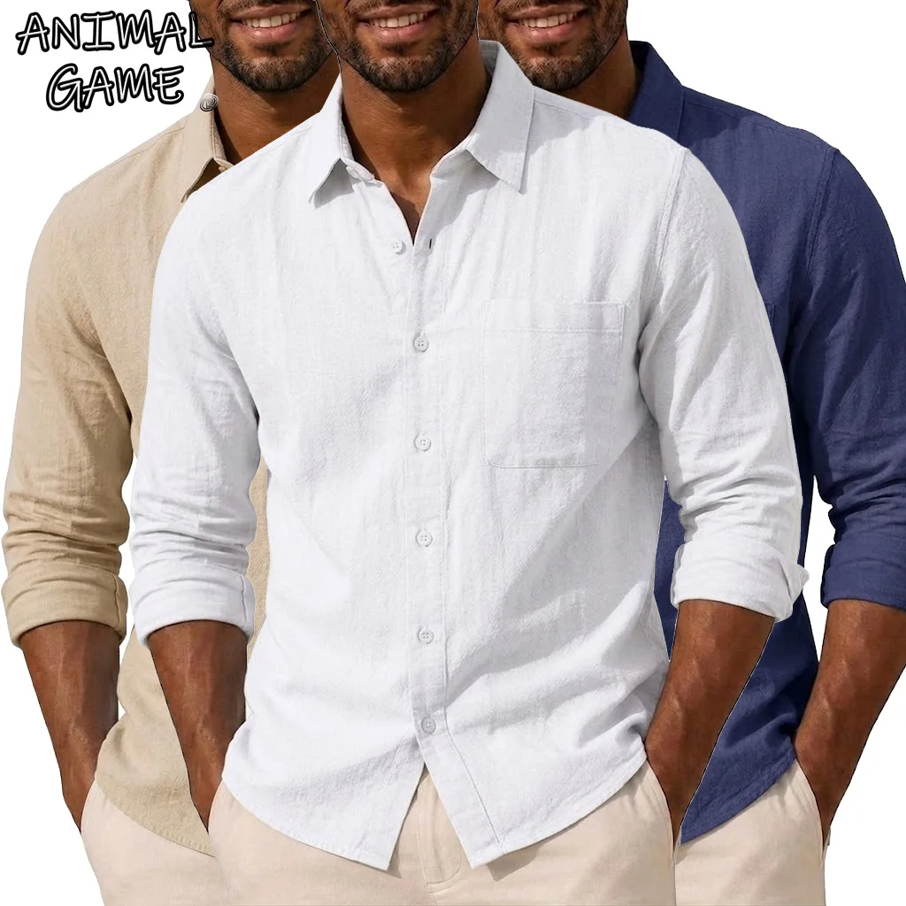 Luxuriöse Baumwoll-Leinen-Hemden für Herren, Freizeithemden, Leichte Langarm-Henley-Shirts, Hawaiianische Strand-T-Shirts für Herren, Herbst-T-Shirts