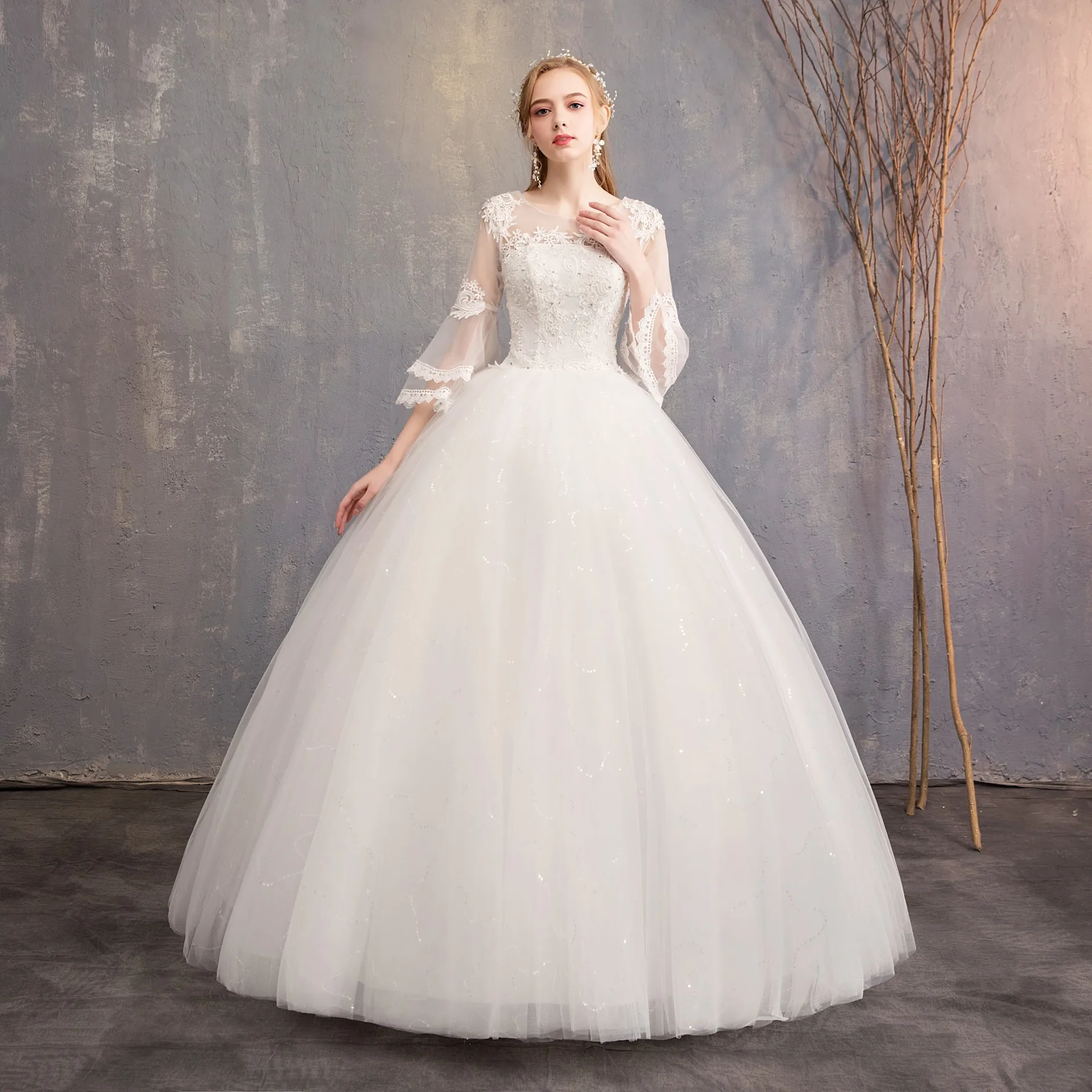 Elegant O-neck Appliques Illusion Lace Tulle Wedding Dresses 2025 Sweep Train Ball Gowns Bridal Gowns Vestido De Noiva