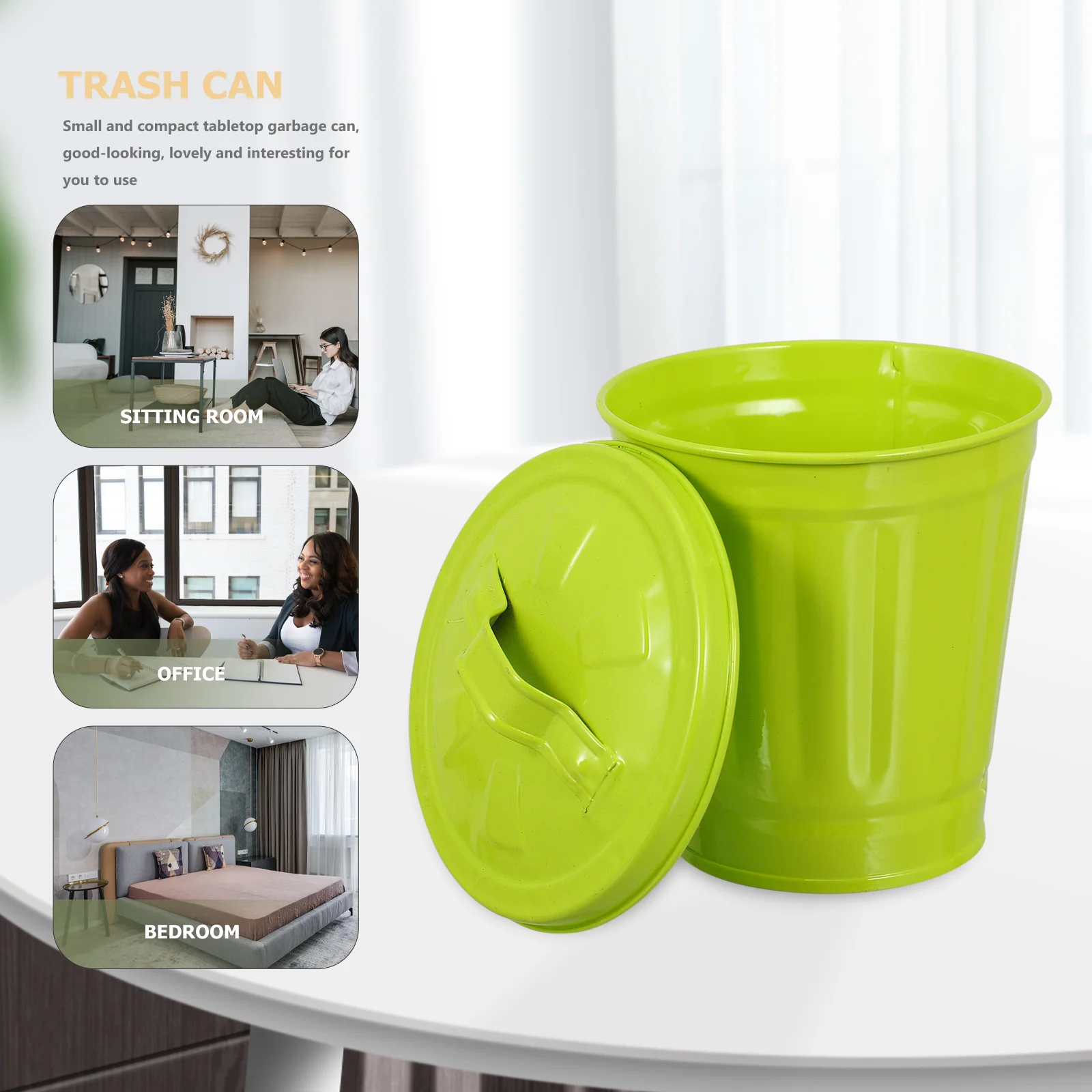 Garbage Can Desktop Trash Small Waste Storage Bin with Lid Flowerpot Iron Recycling Container Adorable Office