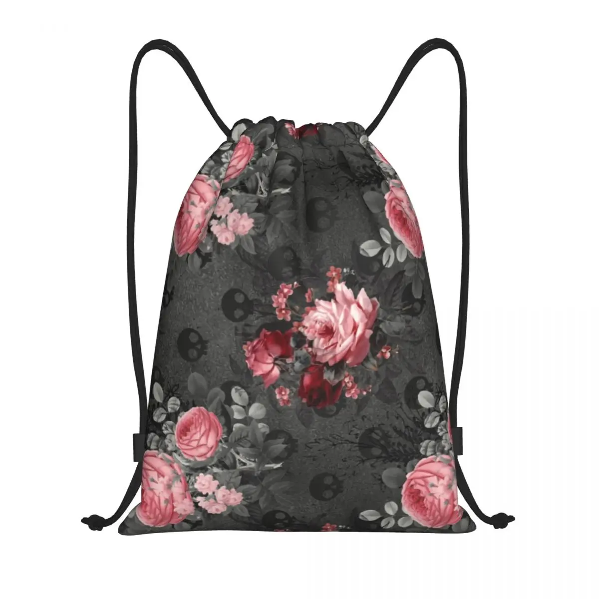 Mochila gótica con patrón de rosas y calaveras para hombre y mujer, bolsa ligera con cordón, Floral, gimnasio, deportes, sacos de entrenamiento