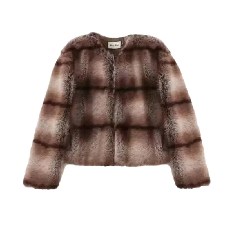 KIDCRKJ Women Winter Artificial Fur Outwear Round Neck Plaid Short Lady Mink Fur Jacket Versatile Chic Female Faux Fox Fur Coat