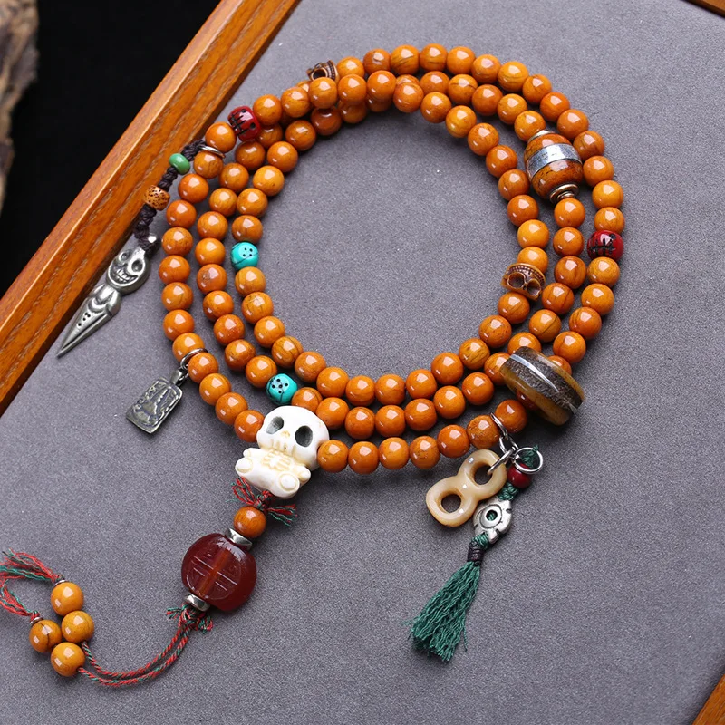 Yak Bone Round , 108 Buddhist Prayer Beads, Deer Antler Root, And Red Agate Accessories