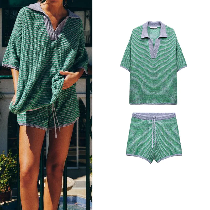 Women's New Loose Knitted  Shirt Neck Top with Belted Shorts Fashion Set High Waist Shorts Summer Collection 2024
