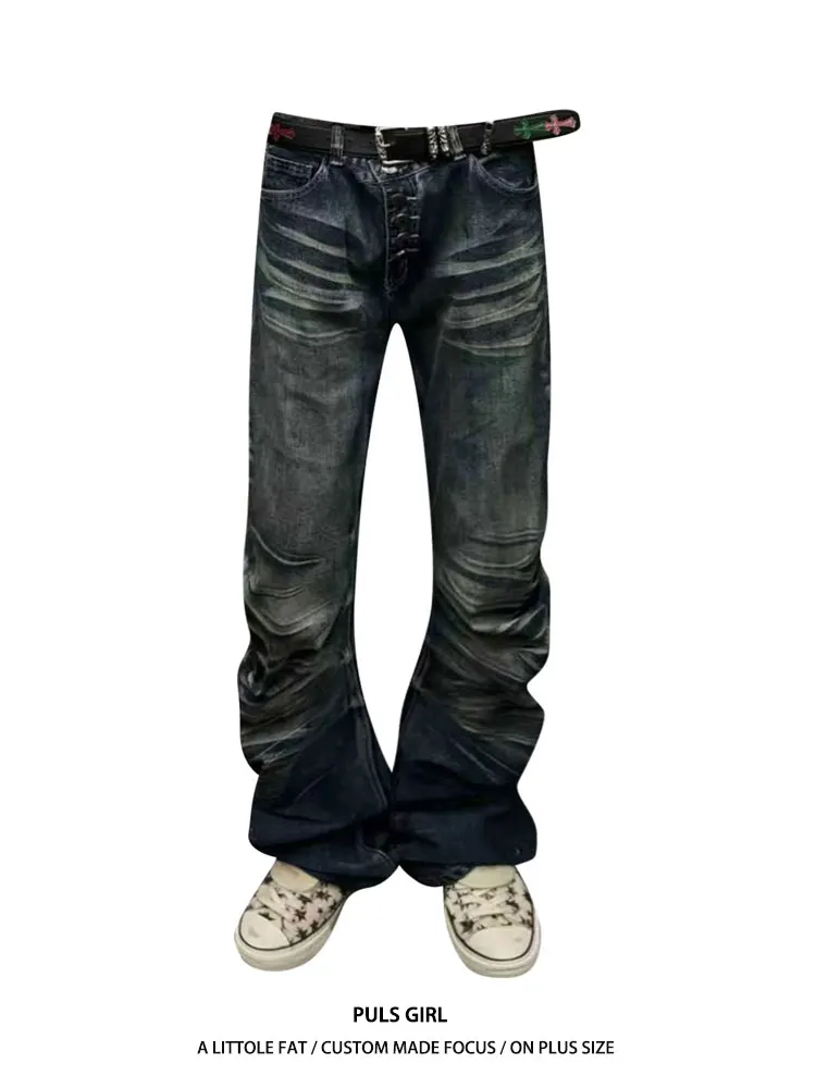 

Washed Vintage High Waist Slim Fit Women's Jeans Knife Design Casual Straight Leg Trousers for plus Size Ladies