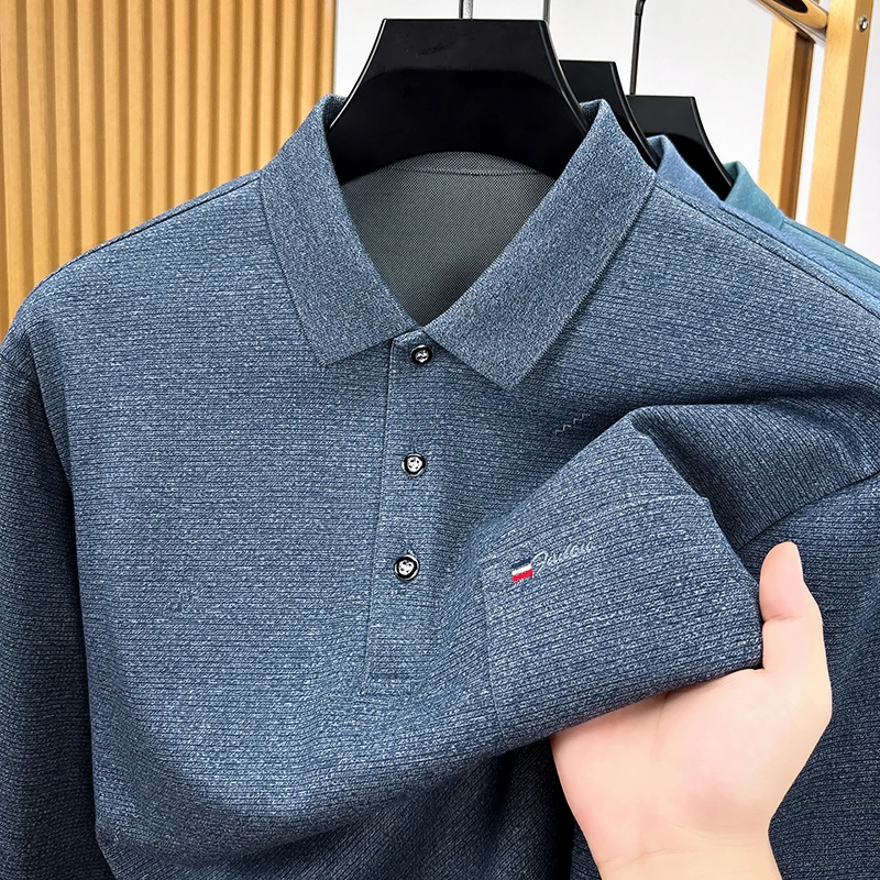 Men's New Style Autumn Long Sleeved Polo Shirt Containing Cotton Original Solid Color Pocket Pullover Tops Versatile Men's Wear