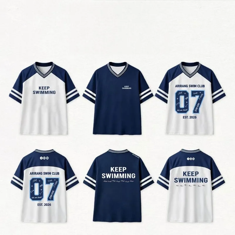 2026 New BTS Summer KPOP Men's Group ARIRANG KEEP SWIMMING V-neck T-shirt Loose, Oversized, Breathable Unisex Y2K Retro Top