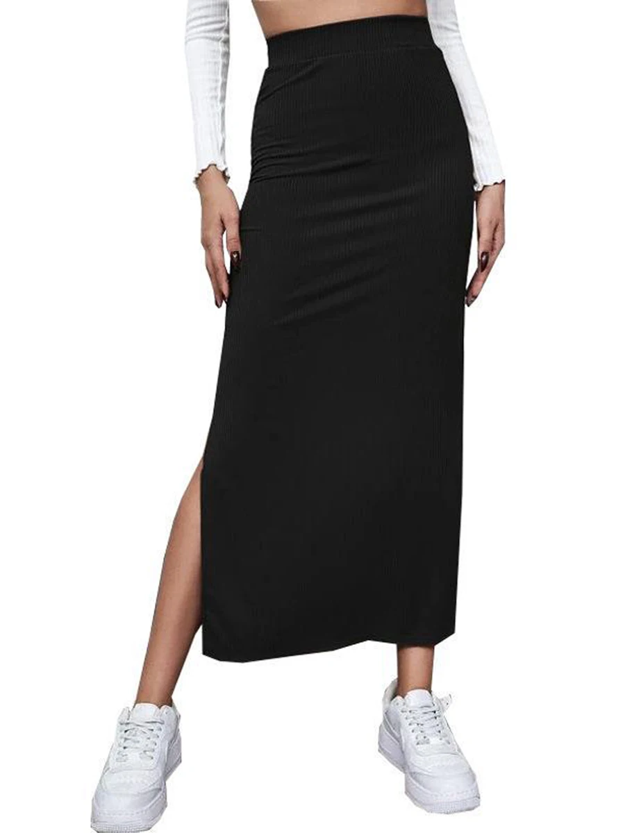 Women Black Ribbed Kint Strechy Long Skirt Ladies Tight Side Slit Elastic High Rise Elastic Waist Skirts Pencil Skirt Streetwear