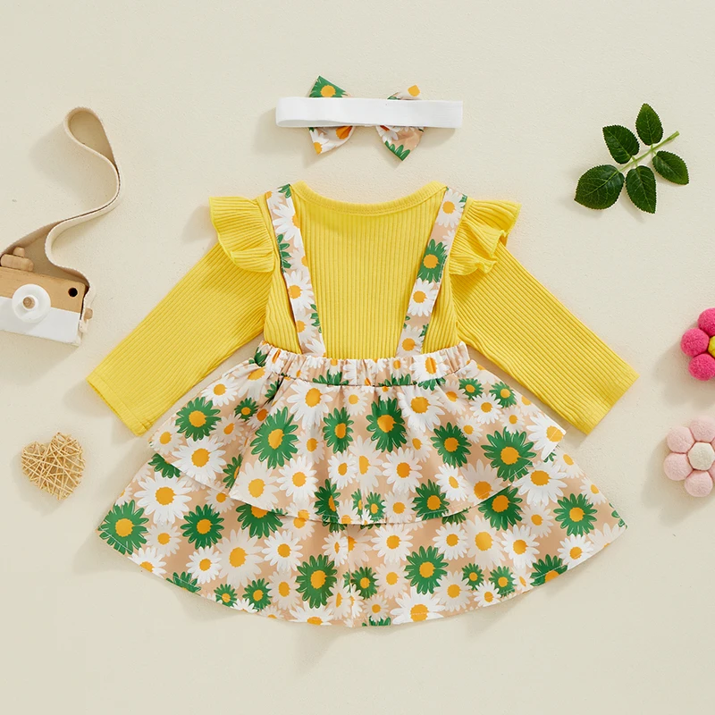 Conjunto de roupas de bebê menina, macacão de manga comprida, vestido floral suspenso, faixa bonito, roupa de outono para criança, 0-24 meses, 3 peças